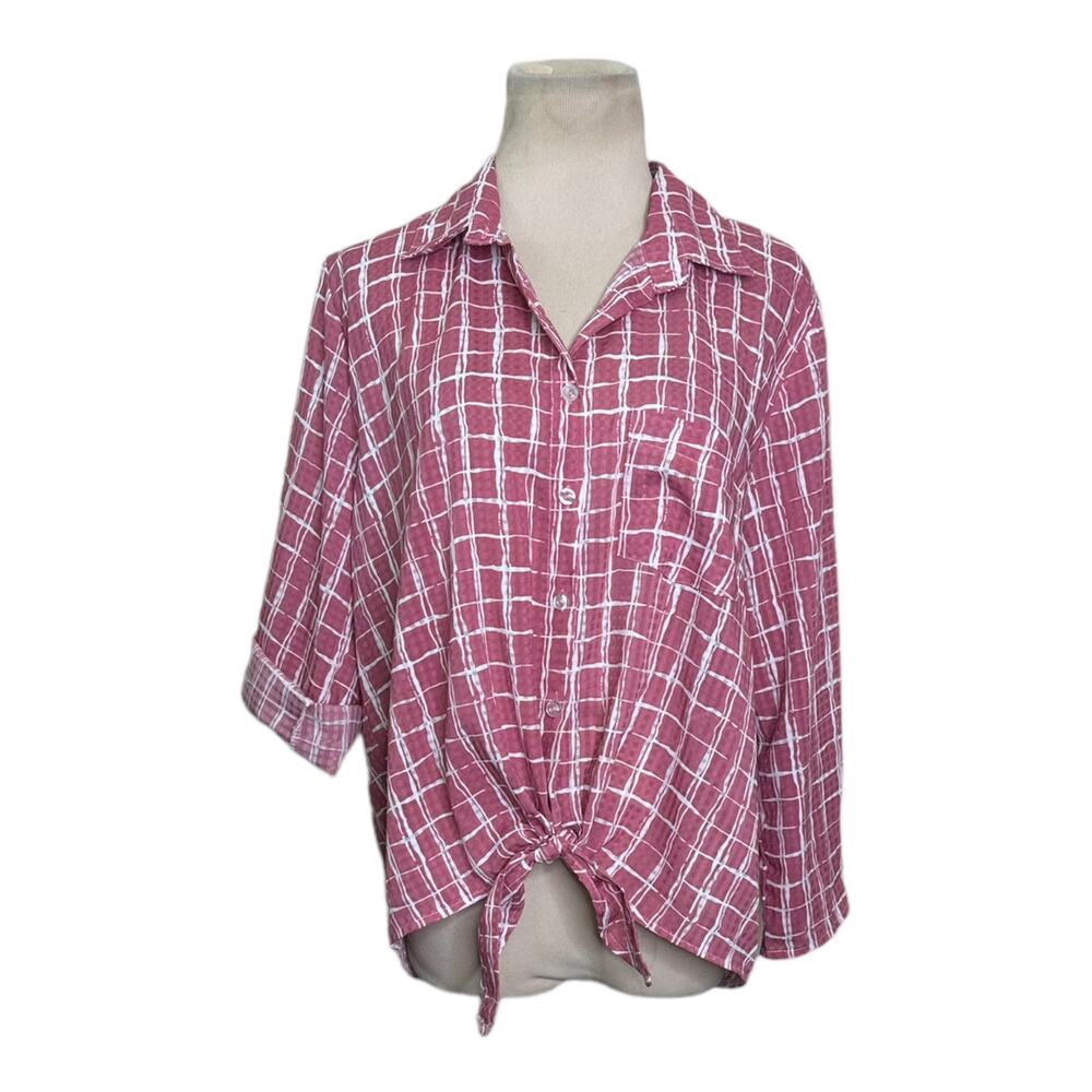 Jon & Anna pink plaid buttoned front tie shirt size Large